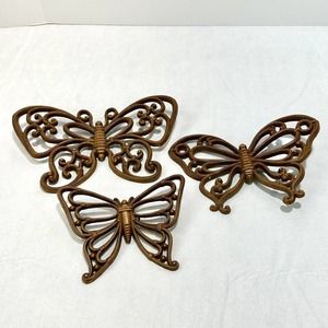Vintage HOMCO Butterflies Faux Wood Wicker Wall Decor BOHO - Set of 3 MCM
